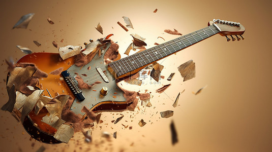 一把吉他在破坏中与飞行碎片的 3D 插图