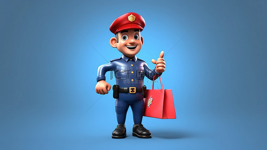 卡通警察拎着鲜红色购物袋的幽默 3D 图像