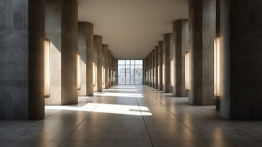 空荡荡的地下舞台走廊中阳光照射的水泥地板通道的 3D 渲染