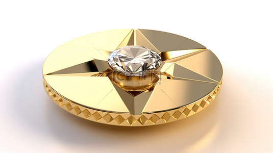 白色背景上镶有钻石的黄金扑克筹码的 3D 插图