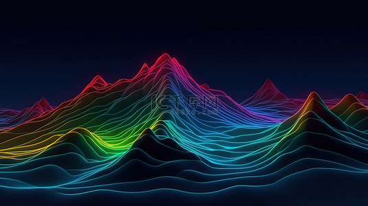 引人注目的山地景观中发光的霓虹灯线 3D 渲染处于最佳状态
