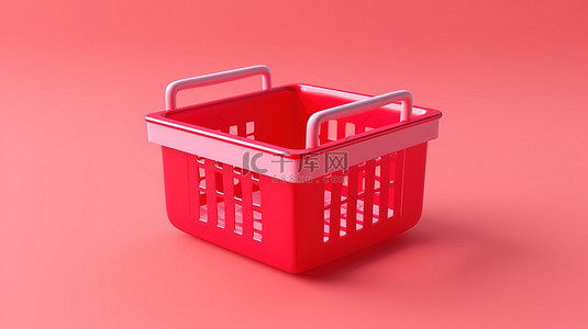 粉红色背景上红色购物篮的数字食品和杂货购物 3D 渲染