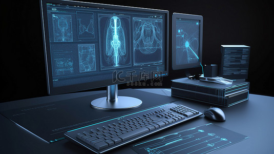 癌症医疗背景图片_在 3d 渲染的医疗桌面上展示的健康软件