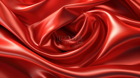 皱褶感面料背景图片_光滑和扭曲的红色丝织物的 3D 渲染，具有闪亮的皱褶漩涡