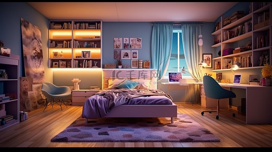 时尚别致的青少年卧室，配有工作站和夜间氛围 3D 渲染