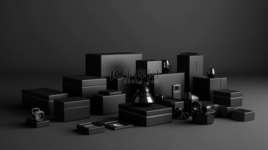 带样机集的黑色高级盒子的 3D 渲染
