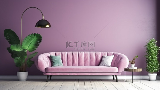 空白画布准备模拟现代时髦内饰，配有绿墙紫罗兰色沙发和 3D 渲染的白色桌子