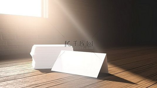 空白名片的木桌模型，带有阳光明媚的阴影和墙壁背景 3D 渲染