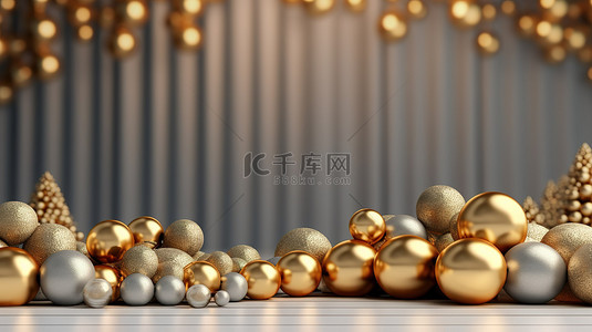 闪闪发光的讲台上装饰着金色的小玩意，圣诞节或新年假期的节日横幅背景 3D 渲染