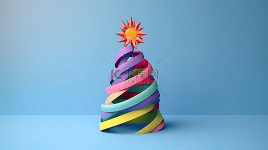 蓝色404背景图片_圣诞树装饰着彩虹丝带装饰简约，蓝色背景上呈现 3D