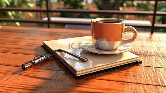 饮料木桌背景图片_带 3D 渲染咖啡杯和笔记本的木桌