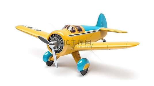 具有可爱魅力的孤立黄色和蓝色复古两座飞机的 3D 渲染