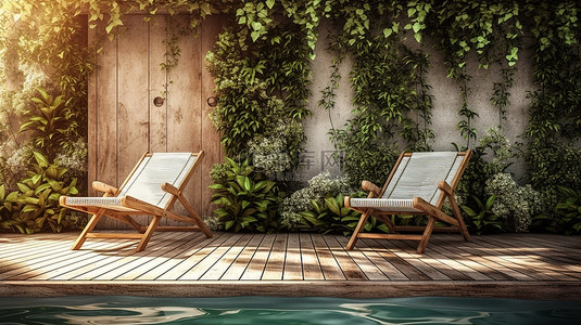 攀爬植物背景图片_泳池旁的木制躺椅，古老的墙上挂着攀爬植物，以 3D 形式呈现