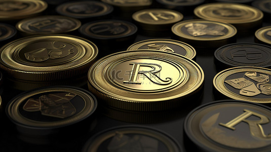 3D 渲染中带有成堆金属金币和黑币的 rsr 和 rsv 符号的特写视图