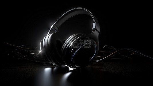 黑色耳机在 3D 插图中隔离在黑色背景上，带有白光