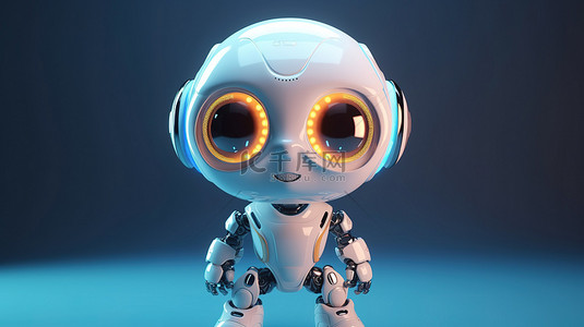 卡通风格的人工智能机器人在可爱的 3D 渲染中向上凝视