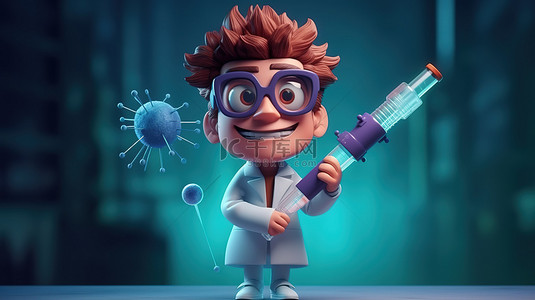 专业医生卡通背景图片_带大注射器的卡通医生3D渲染的病毒疫苗接种图像