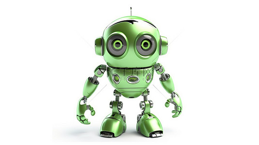 绿色复古机器人，3D 插图，独立站立在白色背景上