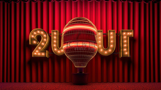 红色剧院幕布上灯泡字母中单词测验的 3D 渲染