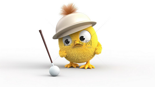 白色 3D 渲染中描绘的小高尔夫爱好者小鸡