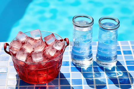 啤酒和冰块背景图片_蓝色格子桶，里面有蓝色和红色的冰块