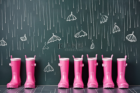 黑板上一排粉色橡胶靴