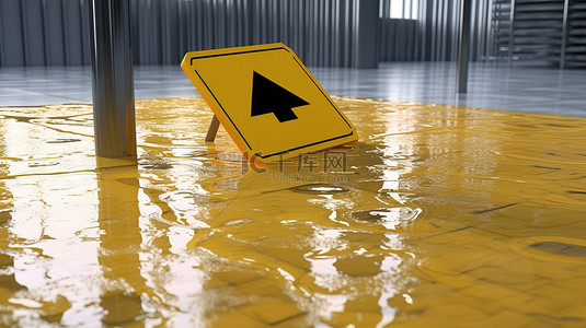 消除事故背景图片_黄色警告湿地板标志的 3D 渲染，带有比特币标志警告加密货币危险