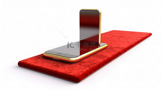 带有智能手机和红地毯的白色背景的 3D 渲染