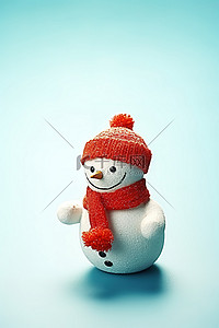 蓝色背景中戴着红帽子和围巾的小雪人