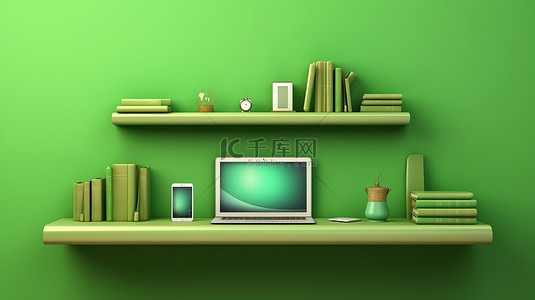 绿色墙架上显示的数字设备笔记本电脑手机和平板电脑 3d