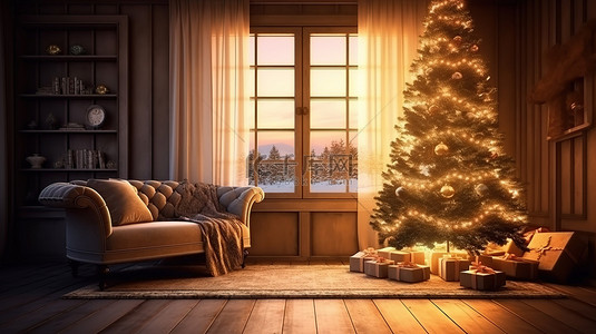 节日 3D 渲染沉浸式房间内部与圣诞假期杉树背景