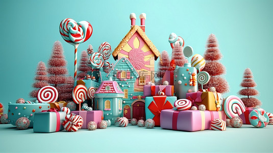 抽象圣诞装饰的节日 3D 渲染，以树屋糖果和礼物为特色