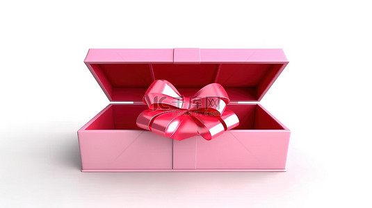 白色空间的 3D 插图，带有打开的粉色礼品盒，上面系着红色蝴蝶结