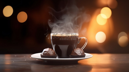 烟雾弥漫的家庭咖啡馆或办公室场景，带有 3d 渲染的咖啡杯或巧克力