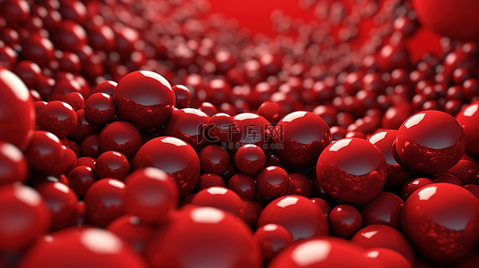 分散在 3D 渲染的抽象背景中的红色球形形状