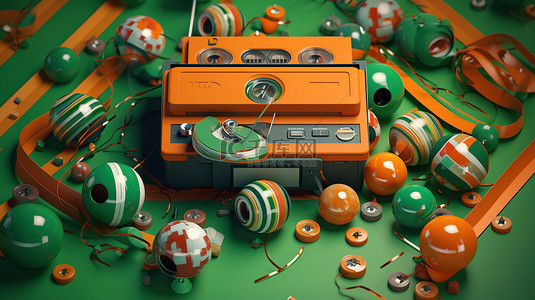 音乐彩色背景图片_橙色 3D 渲染，绿色磁带播放器坐落在彩色磁带和充满活力的球之间