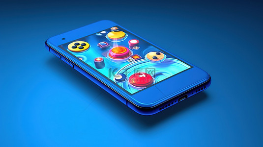 蓝色背景上的手机游戏的 3D 渲染概念
