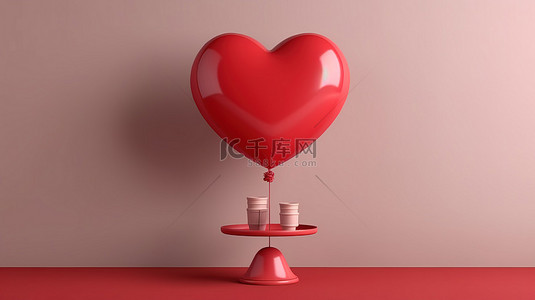 产品展台上的情人节主题红心形气球以 3D 渲染图解，以实现快乐的庆祝概念