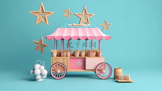 复古星形粉色和蓝色背景的 3D 渲染，配有亚洲木制肉丸面条车和街头食品椅子