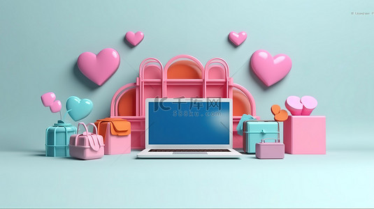 笔记本电脑屏幕上充满活力的硬币心形符号和储物袋是网上购物的象征性表现