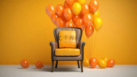 信息升起背景图片_椅子和气球的 3D 渲染，带有“促进您的职业生涯”信息，象征着业务发展理念