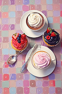 奶茶店招牌背景图片_纸杯蛋糕一杯茶和一把勺子坐在桌子旁边