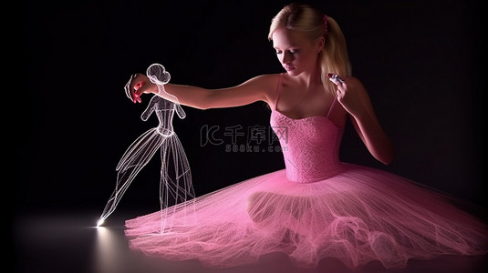 云雾缭绕金粉背景图片_3D钢笔艺术金发女郎穿着粉红色连衣裙创造出令人惊叹的设计