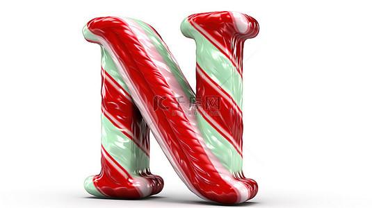 圣诞字母背景图片_白色背景 3d 渲染上喜庆红色的薄荷糖手杖条纹字母 n