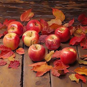 木桌上的红苹果与秋叶
