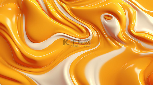 令人惊叹的奶油黄色橙色液体背景，具有闪烁的亮点 3D 插图和渲染