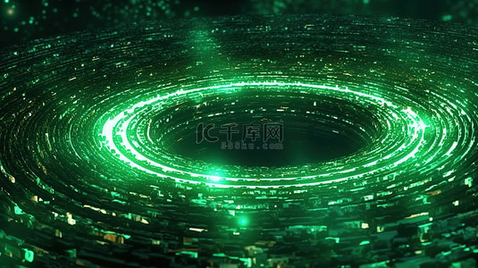 抽象设计中具有圆形粒子流的数字化绿色网络的 3D 渲染