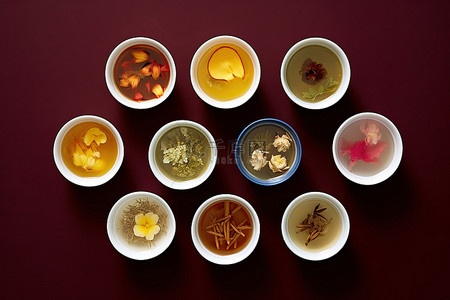 六花背景图片_六碗不同口味的茶
