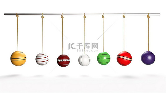 运动球在牛顿摇篮形成的绳索上摆动，白色背景 3d 渲染