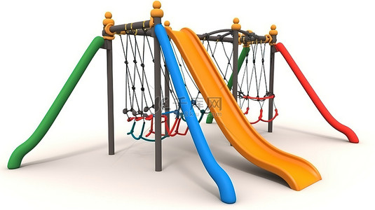 逼真的 3D 游乐场公园三绳攀爬设备，供白色背景隔离的儿童使用